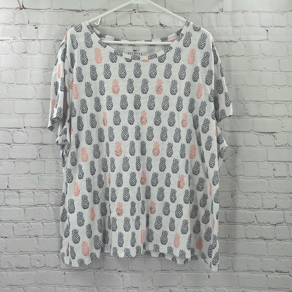 Talbots 3x Pineapple Print Beaded Detail Casual Short Sleeve Tshirt Tee White